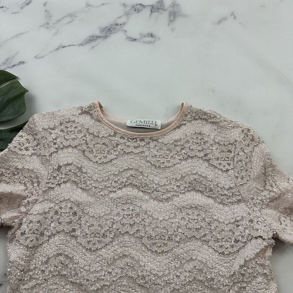 Gemilli Womens Vintage Y2k Lace Crop Top Size M Pastel Pink Stripe Crew Neck - Picture 2 of 8